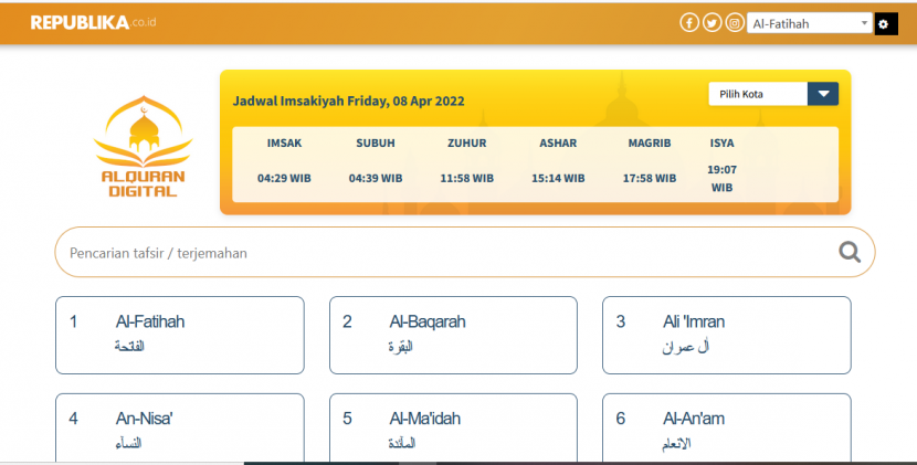 Alquran Digital Republika. Tidak hanya bisa membaca 114 surah Alquran, di Alquran Digital Republika juga bisa membaca berita-berita update dari Republika.co.id.