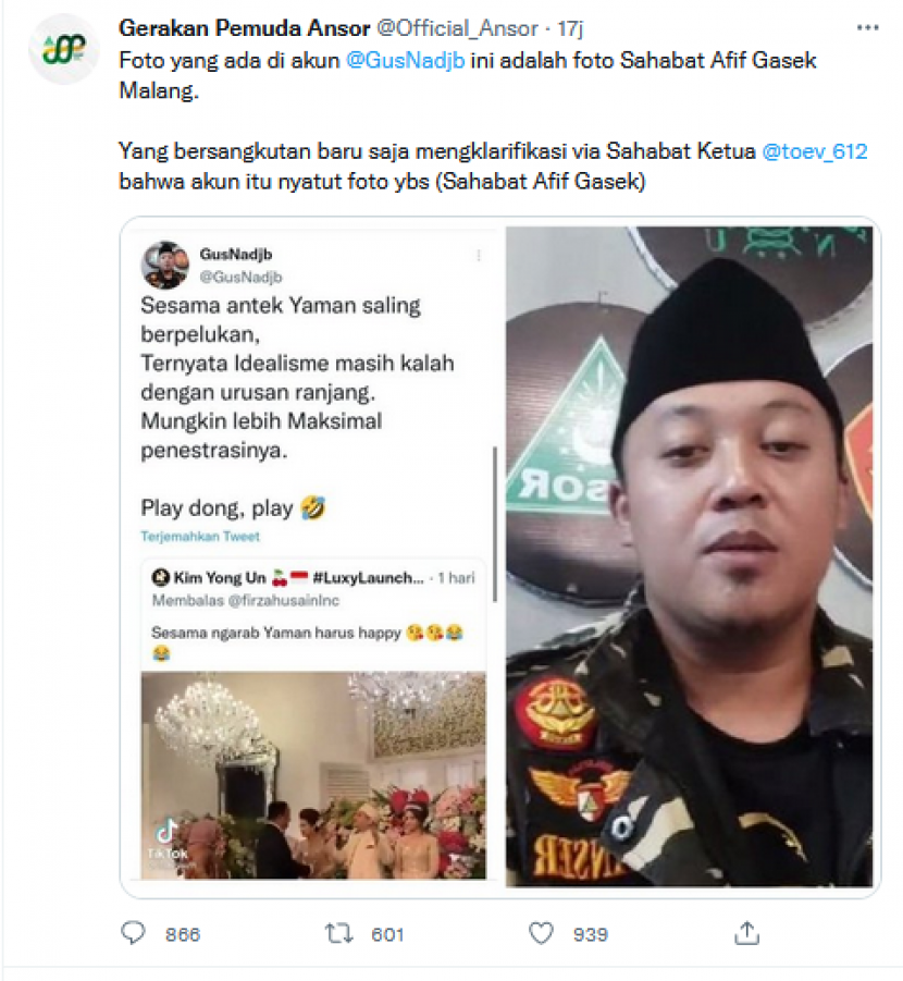 GP Ansor mengklarifikasi foto anggota mereka itu dicatut oleh akun @GusNadjib yang diduga melakukan pelecehan terhadap Tsamara Amany.